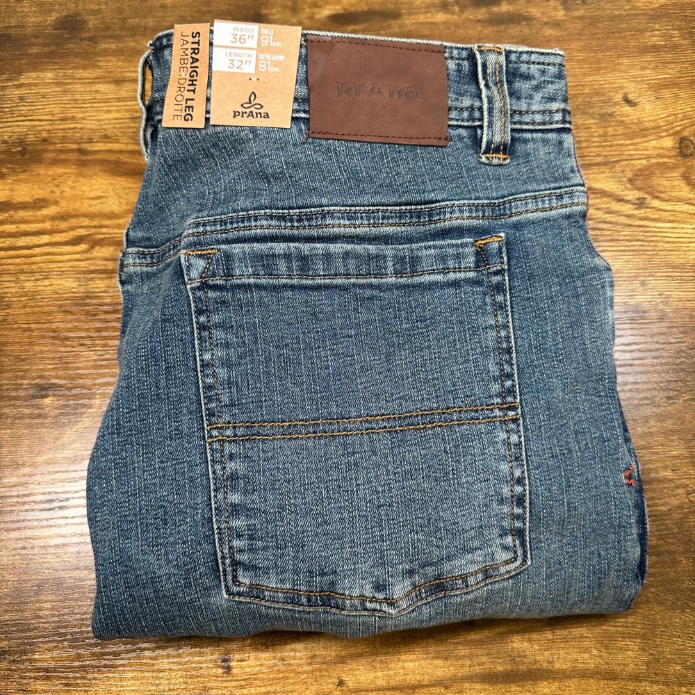 NEW Prana Axiom Straight Leg Jeans Mens 36x32 Antique Stone Wash Organic Stretch